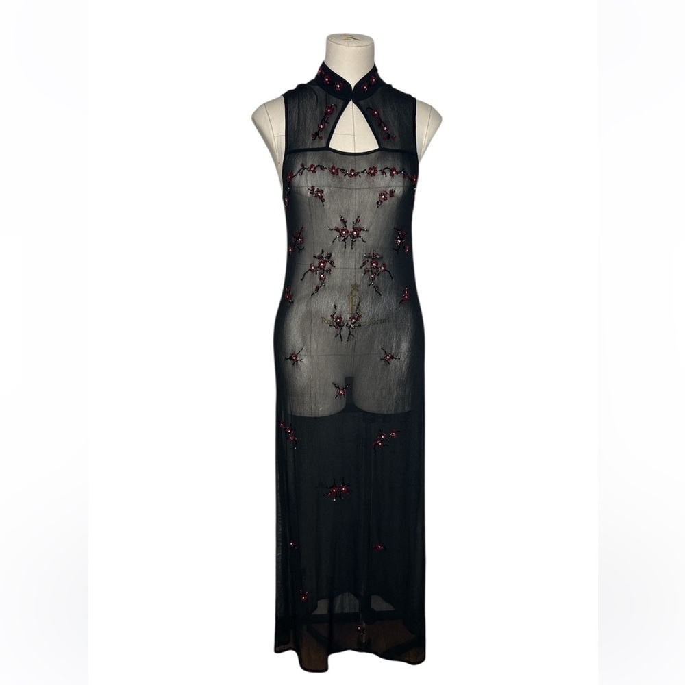90’s Vivienne Tam sheer floral beaded mesh maxi dress